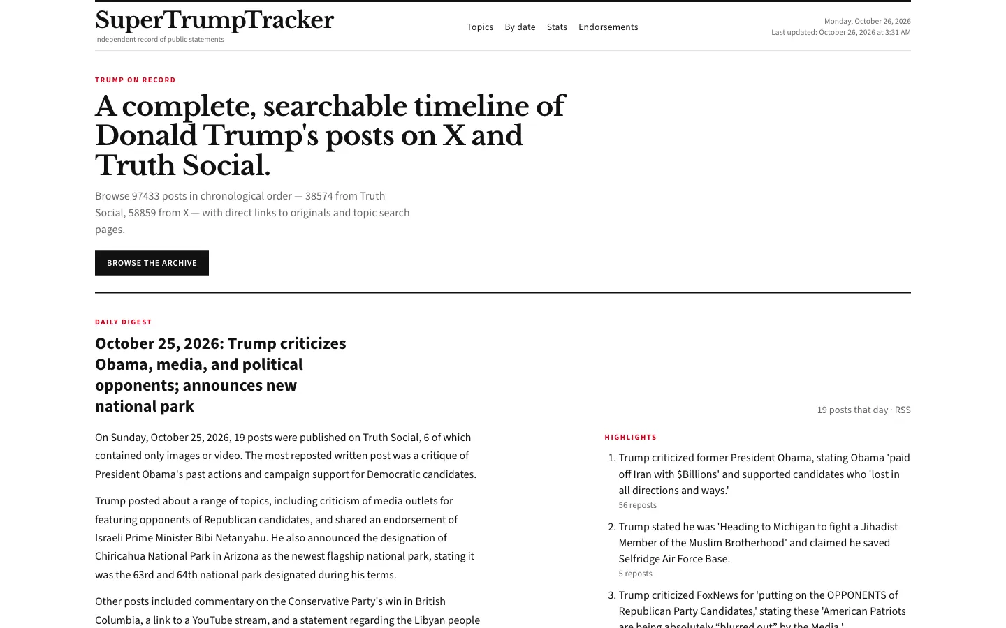 SuperTrumpTracker: Archivio completo e ricercabile dei post di Trump su X e Truth Social.